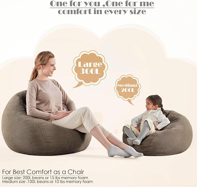 Nobildonna 3 ft Bean Bag Chair Cover (No Filler) 35"×43" Large Stuffed Animal Storage Bean Bag Washable Big Beanbag Chair Cover Premium Corduroy Bean Bag Cover for Adults,Kids,Light Brown 300L