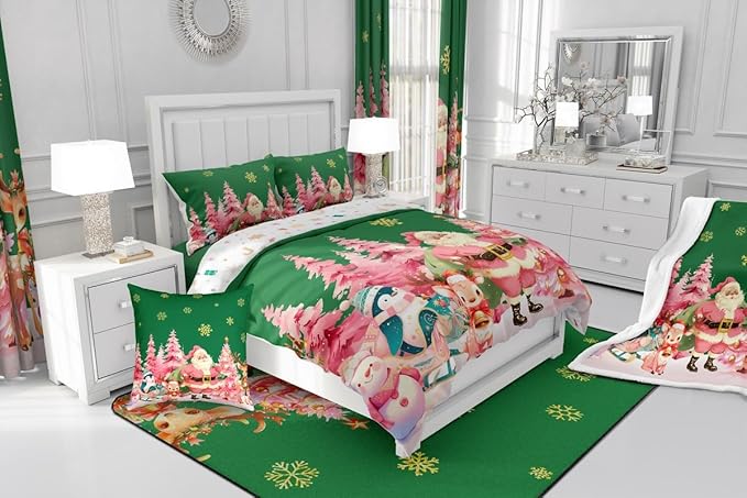 jejeloiu Merry Christmas Comforter Set Toddler Size Santa Claus Bedding Set for Kids Boys Girls Cute Deer Duvet Quilt Green Bedroom Decor