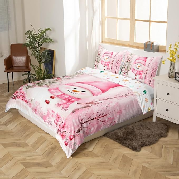 Manfei Christmas Kids Duvet Cover Set Queen Size, Cute Snowman Pink Flower Bedding Set for Boy Girl Room Decor, New Year Xmas Comforter Cover, Lightweight Bedspread Cover, 2 Pillowcases, No Comforter