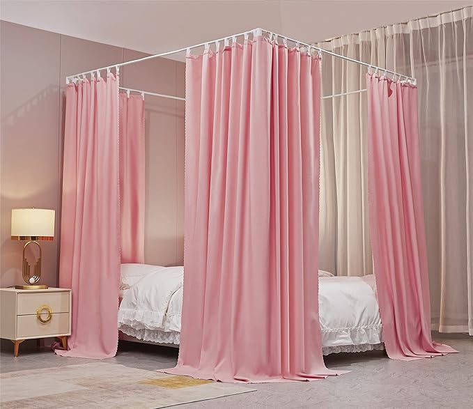 VETHIN Elastic Roof Style Four Corner Post Princess Bed Canopy Curtains Cozy Breathable Tent Canopy Mosquito Net for Girls & Adults Bedroom Decoration (Pink, 70-78" W*86" L*82"*H/(King))