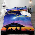 LUVIVIHOME 3PCS Christmas Duvet Cover King Bedding Set, Purple Blue Galaxy Sunset Manger Nativity Scene O Holy Night Winter Holiday Xmas Christmas Comforter Quilt Cover, Bed in a Bag, 2 Pillow Shams