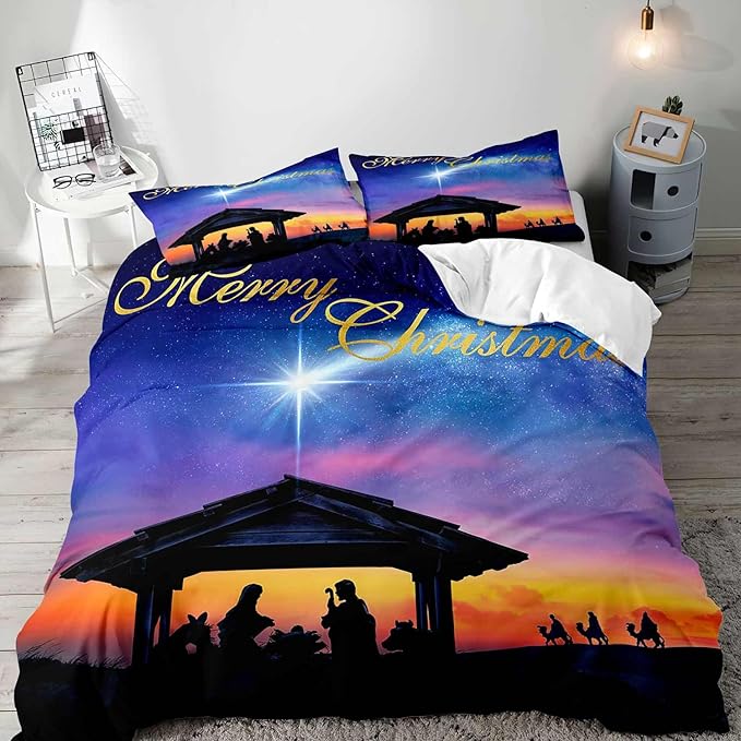 LUVIVIHOME 3PCS Christmas Duvet Cover King Bedding Set, Purple Blue Galaxy Sunset Manger Nativity Scene O Holy Night Winter Holiday Xmas Christmas Comforter Quilt Cover, Bed in a Bag, 2 Pillow Shams