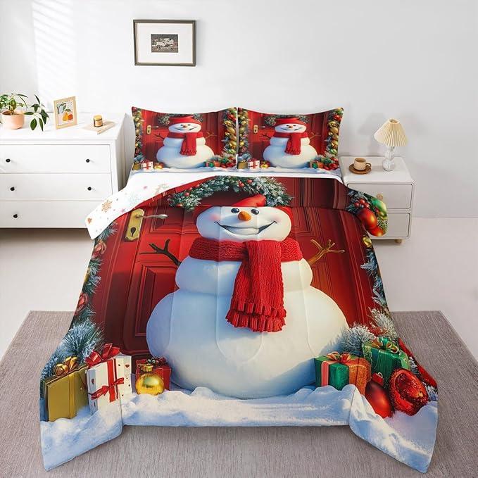 Feelyou Merry Christmas Kids Comforter Set Full Size Cute Snowman Bedding Set Duvet Quilt for Kids Boys Girls Bedroom Snowflake Decor Microfiber Ultra Soft Breathable
