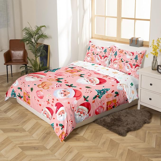 Feelyou Christmas Bedding Set Pink Christmas Duvet Cover Set for Kids Boys Girls Cookies Comforter Cover Christmas Tree Quilt Cover Bedroom Collection 3Pcs Full Size,No Comforter