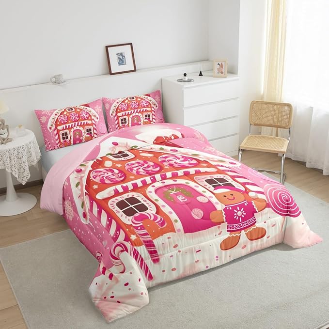 jejeloiu Kids Christmas Theme Comforter Set Full Size Xmas Gingerbread Man Candy Cane House Bedding Set for Boys Girls Teens Hot Pink Winter Happy New Year Duvet Quilt Room Decor
