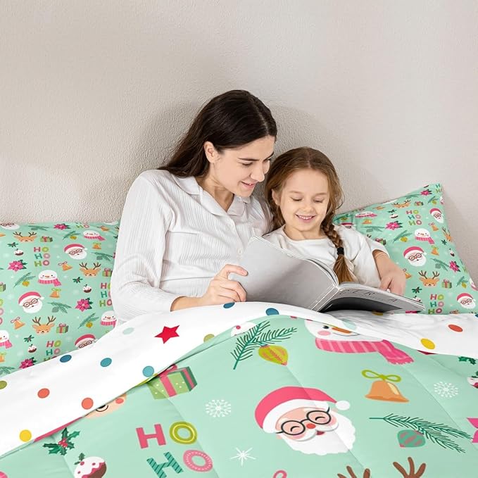 Feelyou Christmas Decor Bedding Set Soft for Boys Girls, Happy New Year Comforter Set Queen Size Santa Claus Duvet Quilt Microfiber Bedroom Decor 3 Pcs with 2 Pillow Cases