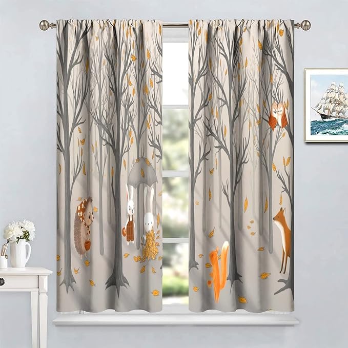 Kids Woodland Animal Window Curtains, Autumn Forest Hedgehog Rabbits Squirrel Fox Birds Blackout Rod Pocket Treatments Drapes for Boys Girls Bedroom 55x63in