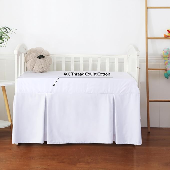 Crib Skirt Dust Ruffle, 100% Egyptian Cotton 400 Thread Count Soft Breathable Crib Bedding Skirt for Baby, Boys and Girls, 52"X28" with 14" Crib Bed Skirt Fading Resistant (White Solid)