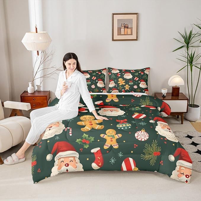 Feelyou Christmas Bedding Set Soft for Boys Girls, Santa Xmas Tree Comforter Set Full Size Gingerbread Man Duvet Quilt Microfiber Snowflake Stockings Bedroom Decor 3 Pcs with 2 Pillow Cases