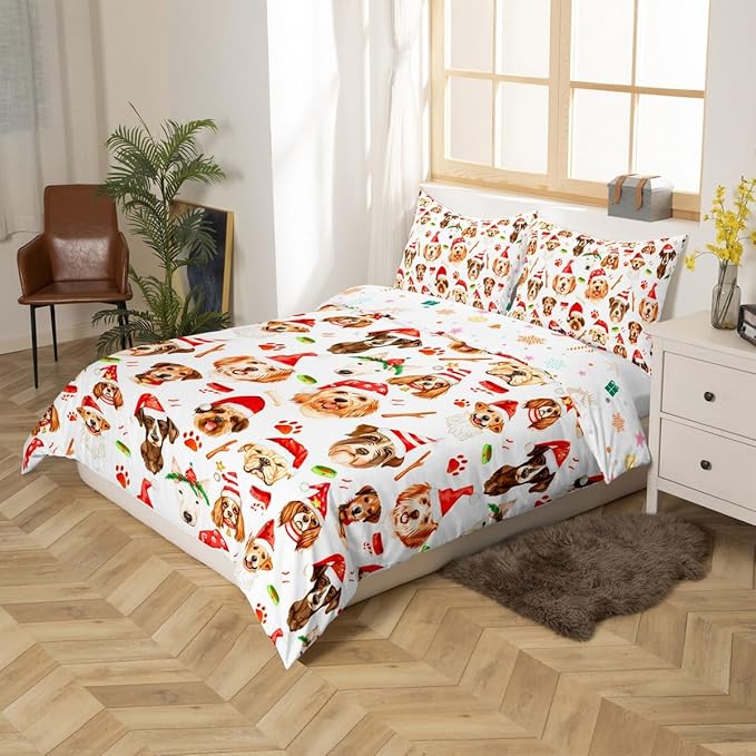 Christmas Kids Bedding Set Cartoon Puppy Dogs Xmas Theme Bedding Duvet Cover Set for Boys Girls New Year Decor Comforter Cover Set Animal Pattern Bedspread Cover Bedroom Quilt Cover 2Pcs Twin Size