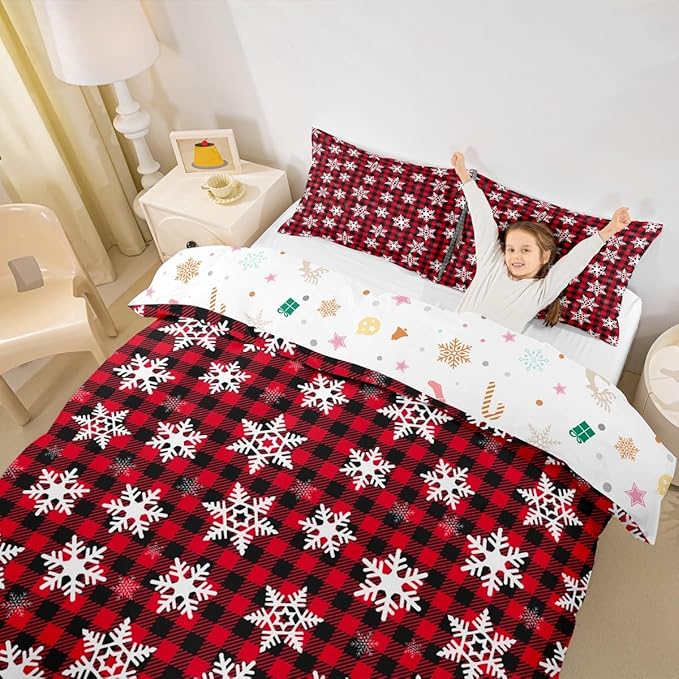 Christmas Kids Bedding Set Snowflake Xmas Theme Bedding Duvet Cover Set for Boys Girls Red Black Buffalo Check Decor Comforter Cover Set New Year Bedspread Cover Bedroom Quilt Cover 2Pcs Twin Size