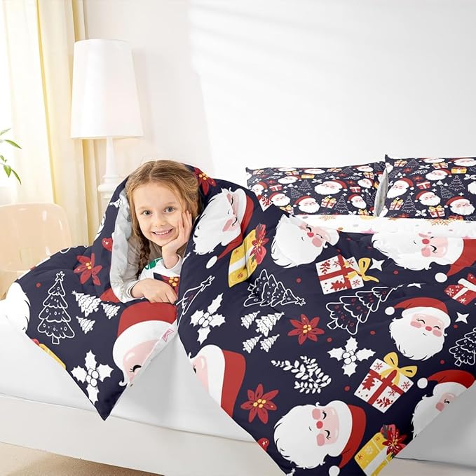 jejeloiu Santa Claus Comforter Set Toddler Size Merry Christmas Bedding Set for Kids Boys Girls Xmas Themed Duvet Quilt Dark Blue Bedroom Decor