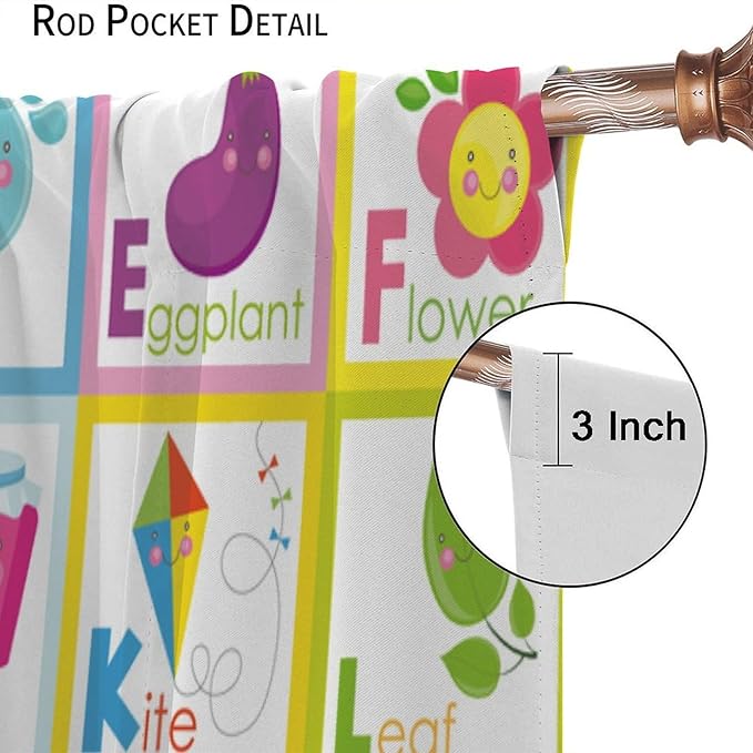 Kids Alphabet Curtains Cute Cartoon Education Learning Funny Teaching Words Curtain with Rod Pocket for Bedroom Nursery Home Decor Drapes Window Treatments 2 Panels Set 63" W X 63" L