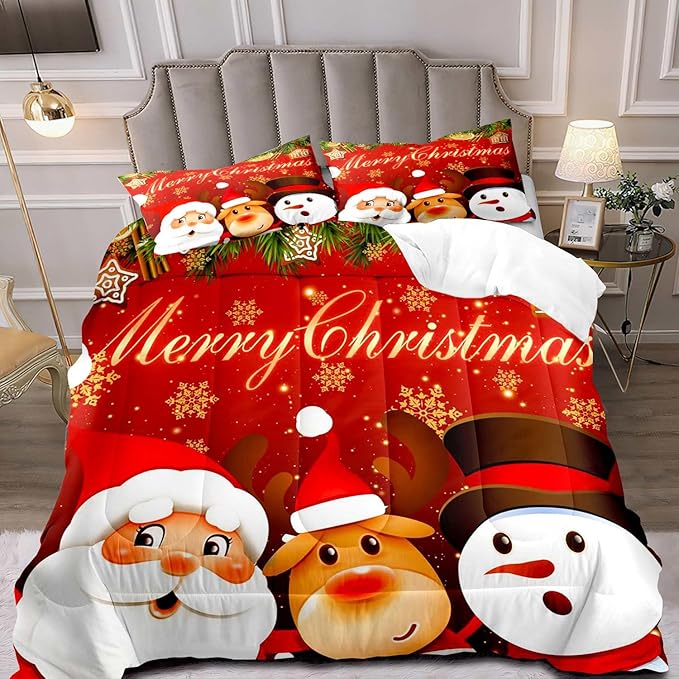 LUVIVIHOME 3PCS Merry Christmas Comforter Set Full Size, Reindeer Snowman Santa Claus Bedding, Holiday New Year Cute Christmas Bedroom Decor for Kids Boys Girls Teens, Xmas Gifts, 2 Pillow Cases