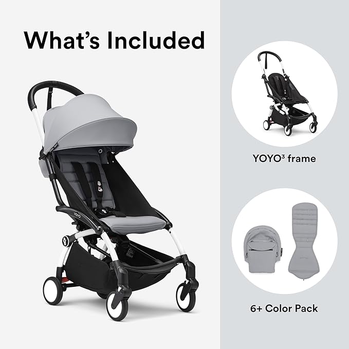 Stokke YOYO3 Stroller from 6 Months - Includes White Frame, Stone Seat Cushion & Stone Canopy - Folds in & Out in a Flash - Light & Compact - Carry-On Compatible