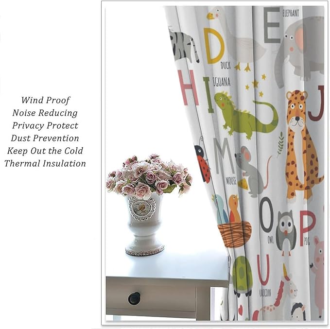 Alphabet Kids Learning Curtains Cartoon Animal Baby Boys Child Educational Curtain with Rod Pocket for Bedroom Nursery Home Decor Drapes Window Treatments 2 Panels Set 42" W X 45" L