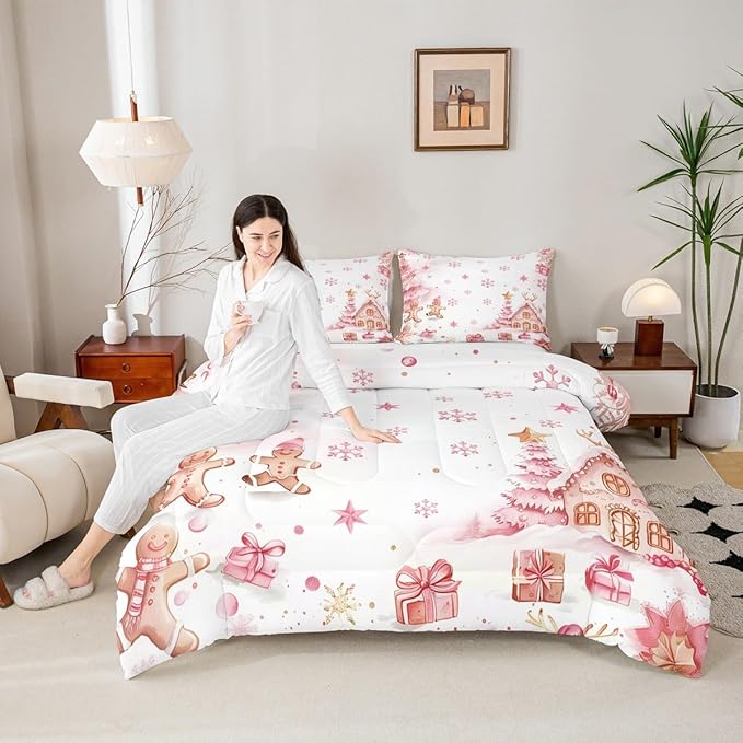jejeloiu Kids Christmas Theme Comforter Set Full Size Pink Xmas Gingerbread Man Bedding Set for Boys Girls Teens Candy House Snowflake Winter Happy New Year Duvet Quilt Room Decor