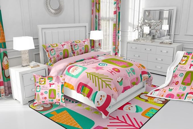 Erosebridal Christmas Kids Comforter Set Queen Size Cartoon Santa Claus Quilts Boys Girls Room Decor Merry Xmas Penguin Bedding Set Christmas Tree Snowman Down Comforter,Pink