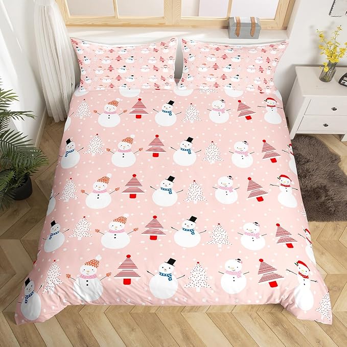 Christmas Duvet Cover Cartoon Snowman Christmas Tree Bedding Set Snowflake Comforter Cover for Boys Girls Children Teens Bedroom Decor Pink Xmas Theme Bedspread Cover Queen Size With 2 Pillow Case