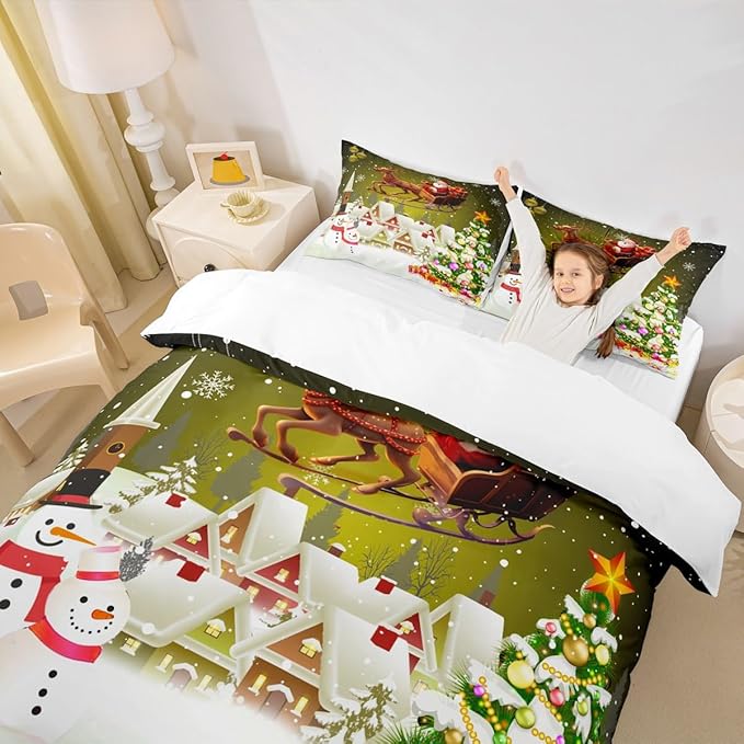 Manfei Christmas Duvet Cover Set Twin Size, Xmas Tree Snowman Comforter Cover with 1 Pillowcase, Santa Claus with Deer Bedding Set for Kids Boys Girls New Year Theme Bedspread Cover, No Comforter
