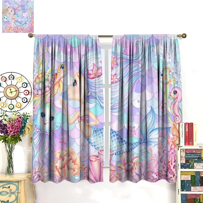 Fantasy Mermaid Curtain Dream Cartoon Marine Organisms Turtle Coral Ocean Theme Dream Blackout Window Treatment for Kids Girls Bedroom Nursery Room Decor Rod Pocket Window Drapes 42x45in