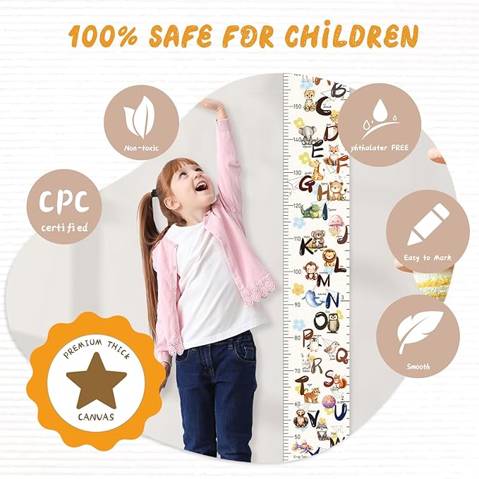 Personalized Name Growth Chart Wall Decor for Kids – Canvas Removable Height Chart Measuring Ruler 59" x 7.9" (Cute Letters)