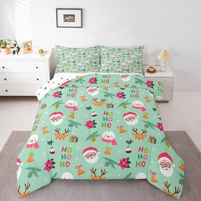 Feelyou Christmas Decor Bedding Set Soft for Boys Girls, Happy New Year Comforter Set King Size Santa Claus Duvet Quilt Microfiber Bedroom Decor 3 Pcs with 2 Pillow Cases