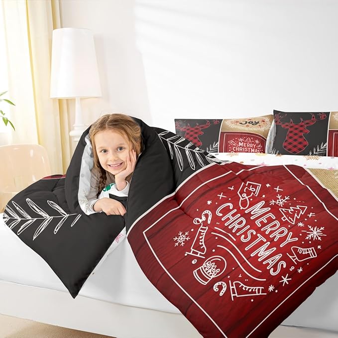 Deer Antler Kids Christmas Comforter Set Queen Size,Elk Plam Leaves Bedding,Girls Boys Adults Bedroom/Xmas Cabin Decor,Plank Lattice Vintage Down Comforter,Rustic Farmhouse Duvet Insert,2 Pillowcases