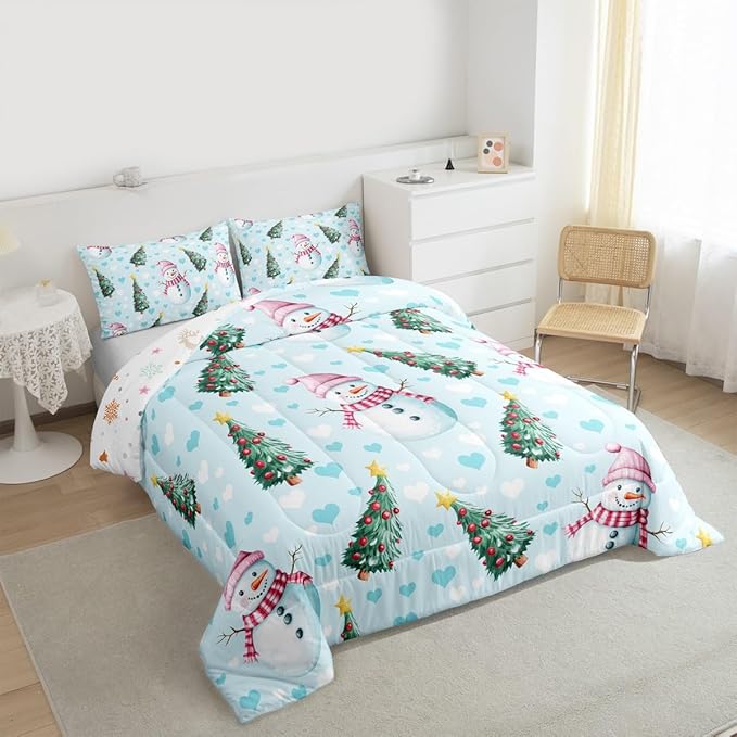 Feelyou Merry Christmas Kids Comforter Set King Size Cute Snowman Bedding Set Christmas Tree Duvet Quilt for Kids Boys Girls Bedroom Love Hearts Decor Microfiber Ultra Soft Breathable
