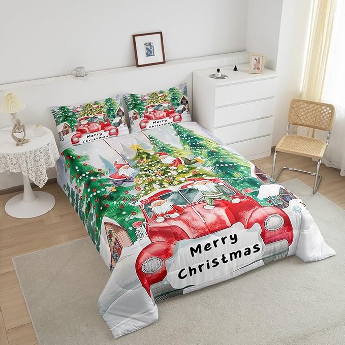 Christmas Tree Comforter Set Twin Size,Red Truck Gnome Bedding Set for Kids Boys Girls Room Decor,Merry Christmas Polka Dot Cartoon Quilt Set 2Pcs,Xmas Rustic Cabin Duvet Insert,1 Pillowcase