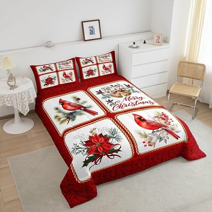 Christmas Comforter Set Toddler Size,Xmas Cardinals Floral Bells Checkered Bedding Set for Kids Girls Adult,Cute Bird Rustic Grid Watercolor Red Plaid Geometric Quilted Set with 1 Pillowcase