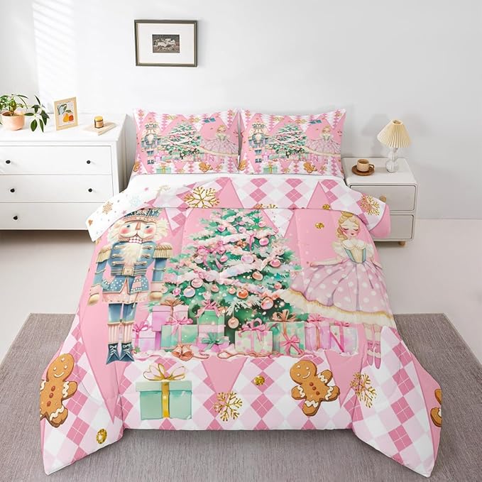 jejeloiu Christmas Nutcracker Comforter Set King Size Gingerbread Man Bedding Set for Kids Boys Girls Xmas Tree Duvet Quilt Pink Bedroom Decor