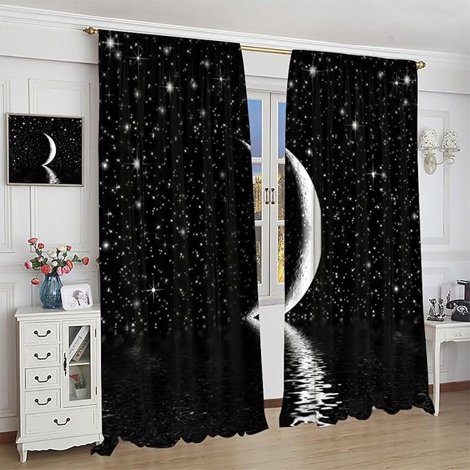 Night Starry Sky Curtain, Black Moon Phase Cloud Stars White New Moon Sparkly Shiny Galaxy Space Lake Fantasy Window Curtains for Kids Boys Girls Room Bedroom Living Room 84" W X 84" L