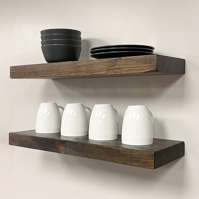 URBANDI, Rustic Floating Shelves, Set of 2, Hidden Bracket, Solid Wood, Heavy Duty, Wall Mounted Shelves, (Dark Brown, 48Wx10D)