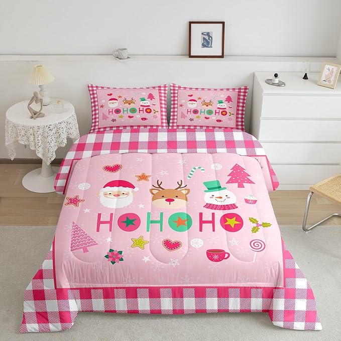 Merry Christmas Kids Comforter Set Twin Size,Cartoon Santa Claus Snowman Deer Bedding Set,Boys Girls Adults Room Decor,Geometric Grids Fashion Down Comforter,Pink Xmas Duvet Insert,1 Pillowcase