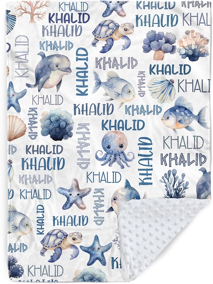 Personalized Baby Blanket with Name, Customized Blanket for Newborn Boys Girls, Ocean Animals Flannel Baby Name Blanket with Dotted Backing, Receiving Swaddle, Gifts for New Parents(60" x80)