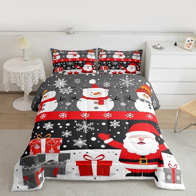 Feelyou Christmas Bedding Set Soft for Boys Girls, Merry Christmas Comforter Set Full Size New Year Gift Duvet Quilt Microfiber Snowflake Bedroom Decor 3 Pcs with 2 Pillow Cases