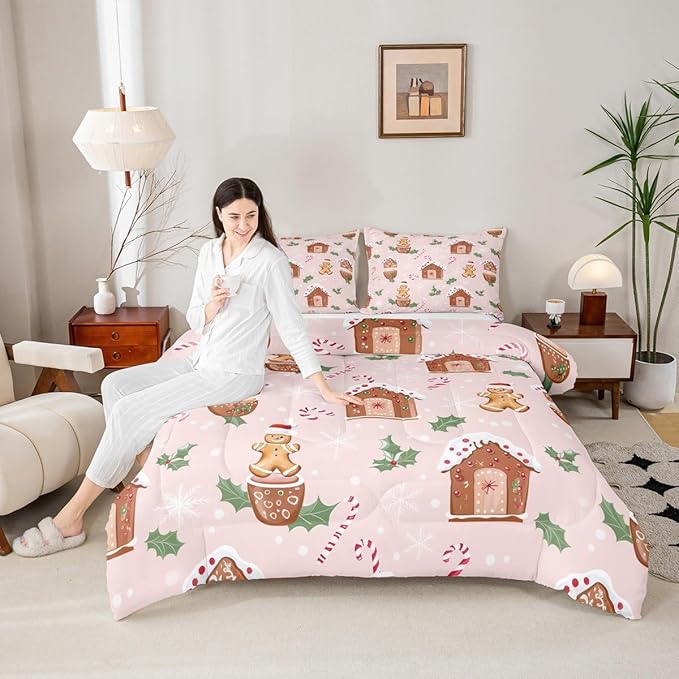 Feelyou Pink Christmas Comforter Set All Season Gingerbread Man Bedding Set with 2 Pillow Cases Christmas Pastry Microfiber Kids King Bedclothes Candy Cane Bedroom Decor Duvet Quilt Breathable Soft