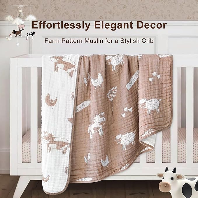 BOPRIO Ultra Soft Muslin Baby Blanket 6 Layers Neutral Swaddles Bed Blankets with Lovey Animal Design for Newborn Babies Kids Toddlers 43 x 43 Inch (Brown Woodland)
