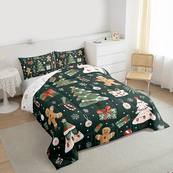 Feelyou Christmas Comforter Set Queen Size Xmas Tree Bedding Set for Kids Boys Girls Gingerbread Man Duvet Quilt New Year Gift Bedroom Decor Microfiber 3 Pcs with 2 Pillow Cases