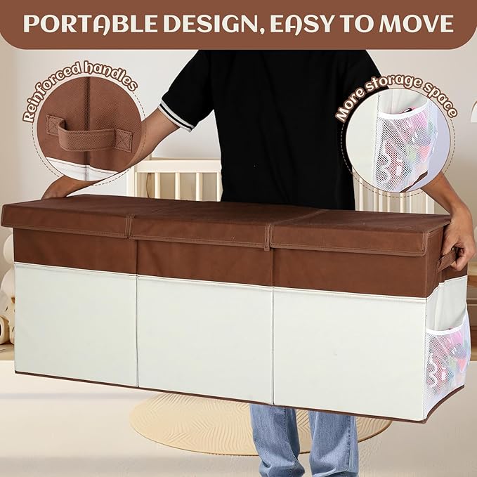 Extra Large Toy Box with Lids, Collapsible Toy Storage Organizer with Divider for Kids, Sturdy Toy Chest for Bedroom, Nursery, Living Room, Playroom, 40"x14"x16", White & Brown
