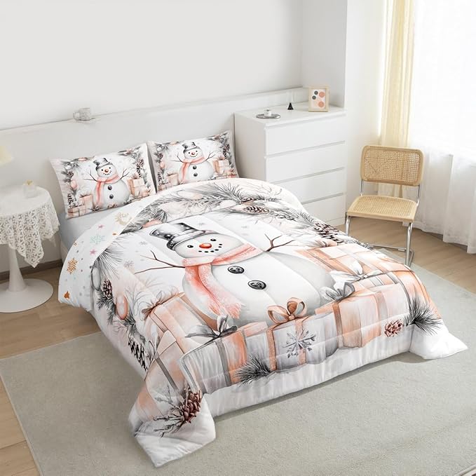 Feelyou Merry Christmas Comforter Set King Size Cute Snowman Bedding Set for Kids Boys Girls Duvet Quilt Snowflake Bedroom Decor Microfiber 3 Pcs with 2 Pillow Cases