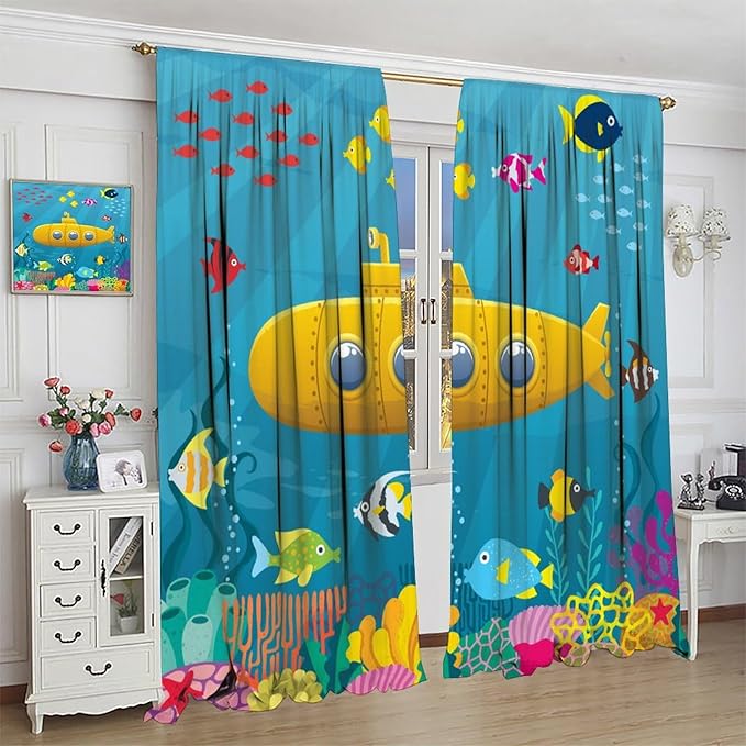 Boy Window Curtains Submarine Window Drapes Yacht Window Treatments Underwater World Oasis Thermal Drapes for Kids Girls Toddler Teens Room Dorm Decor Set 2 Panels,42x45 Inches, Style-1