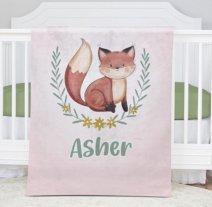 Cute Fox Pink Personalized Receiving Sherpa Fleece Baby Blankets for Girls Boys Kids, Swaddle Blankets Gift for Newborn Crib Infants 30x40 Inches