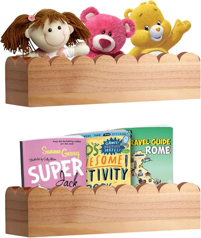 Scalloped Shelves - Set of 2 Pre-Assembled 15.6inch Floating Nursery Book Shelves, Scalloped Book Shelf - Kids Wall Bookshelf, Nursery Decor, Floating Shelves for Wall