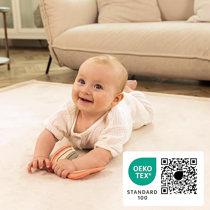 Premium Baby Playmat for Floor 80" x 110" Beige – Cloudsoft Coral Velvet Memory Foam Rug for Crawling – Non-Slip, Water-Resistant, Non-Toxic, Easy-Care Muscle Mat – Thick Play Mat for Baby