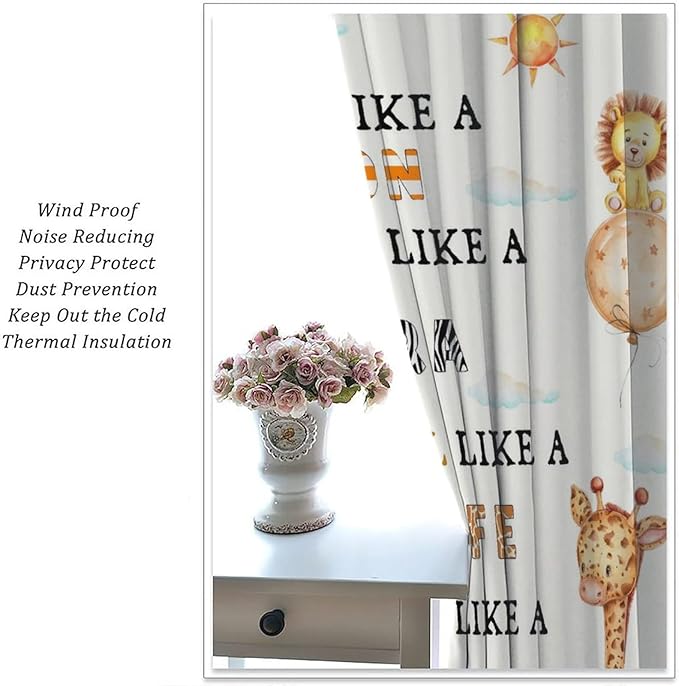Cartoon Animals Curtains, Cute Jungle Animal Zebra Elephant Lion Giraffe Blackout Window Treatments, Rod Pocket Thermal Insulated Drapes 2 Panel Sets for Kids Bedroom Nursery Classroom, 72"W X 63"L