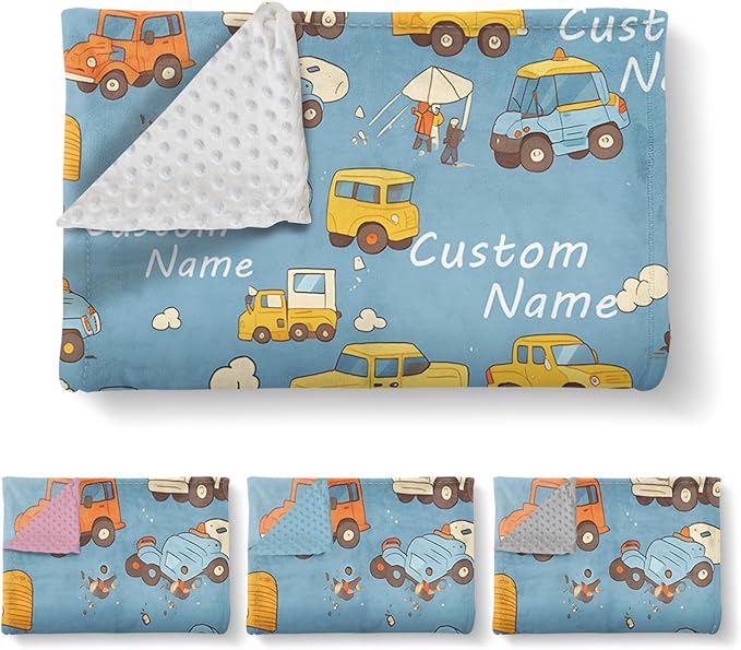Custom Baby Blanket - Cartoon Cars Design Personalized Name Blanket, Soft Flannel Dot Infant Toddler Blanket for Boys, Customizable Nursery Bedding (47" x60)