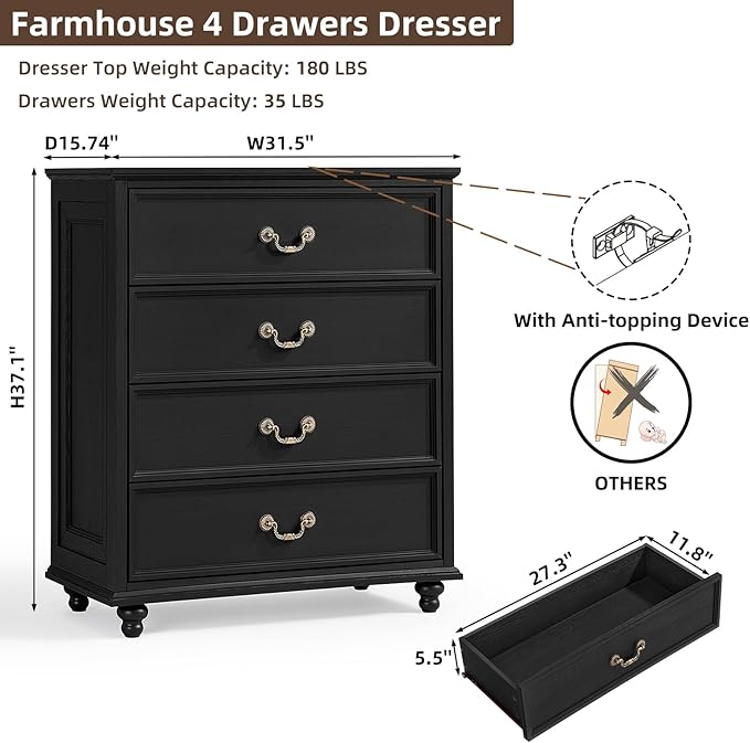 Bedroom Sets, 54" Wide 7 Drawers Dresser and 37" Tall 4 Drawers Dresser, Wooden 2 Piece Bedroom Furniture Set, Chest of Drawer for Bedroom, Home, Living Room, Hallway, Black