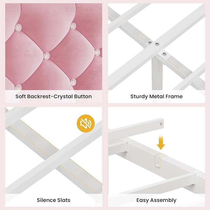 BTHFST Queen Szie Girls Bed with LED Lights & Charging Station, Princess Queen Size Bed Frame with Hidden Storage Headborad, Sturdy Platform Bed, No Box Spring Needed/Noise-Free/Easy Assembly, Pink